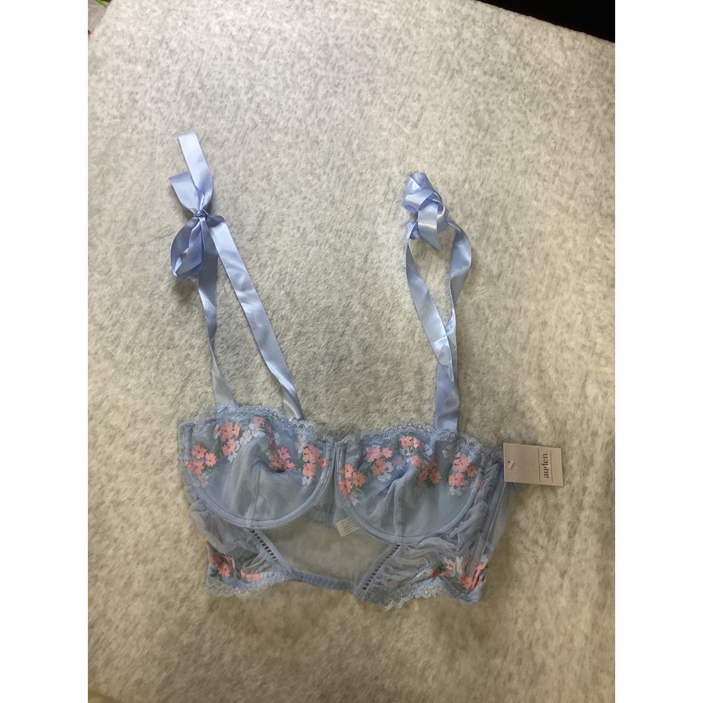 Auden Light Blue Floral Embroidered Mesh‎ Bustier Ribbon Tie Straps Medium NEW